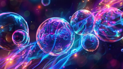 Abstract colorful glowing bubbles floating in space with ethereal light trails.