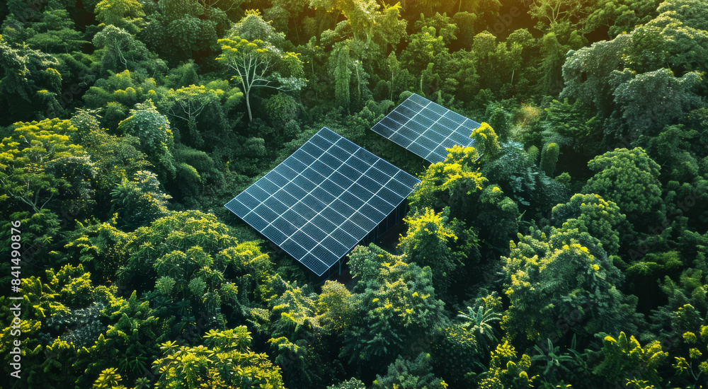 Poster solar panels installed in a lush, green forest. aerial view, showcasing the contrast between the adv