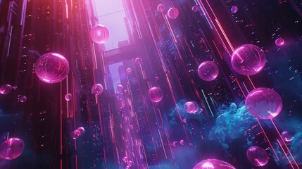 Fototapeta premium Abstract futuristic city with glowing pink orbs and neon lights falling through the sky.