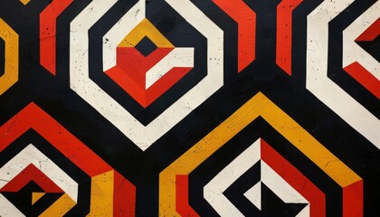 Abstract geometric pattern with red, yellow, white, and black shapes.  The pattern creates a sense of depth and movement.