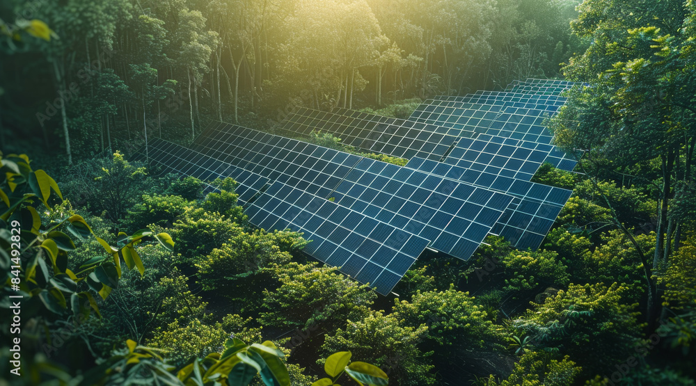 Poster solar panels installed in a lush, green forest. aerial view, showcasing the contrast between the adv