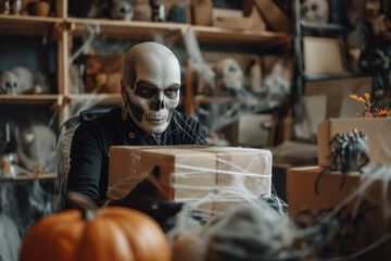halloween costume.Man in Halloween costume. A skeleton in a black cloak against a background of cobwebs holds a skull in his hands. Halloween celebration concept. halloween party - Powered by Adobe