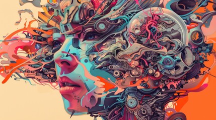 Fototapeta premium Abstract portrait of a woman with vibrant colors and intricate details. Digital art with a surreal and futuristic feel.
