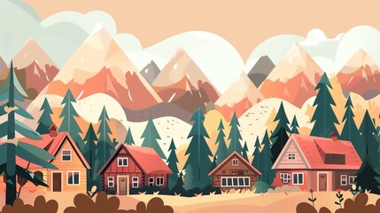 Naklejka premium Mountain village flat design front view theme traditional cartoon drawing Triadic Color Scheme