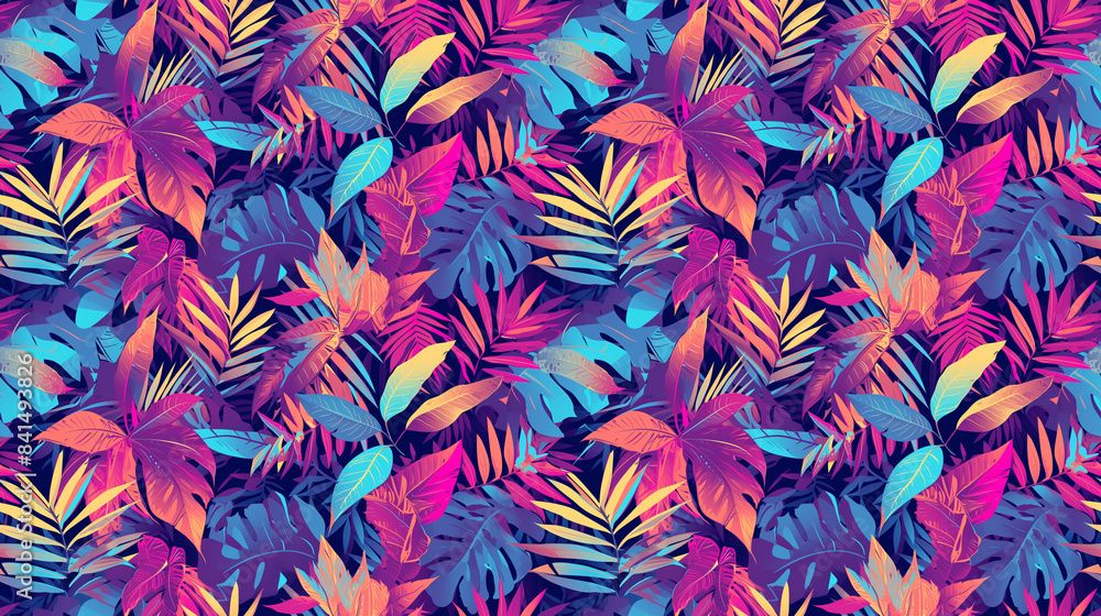 Wall mural Seamless texture of tropical leaves in colorful colors