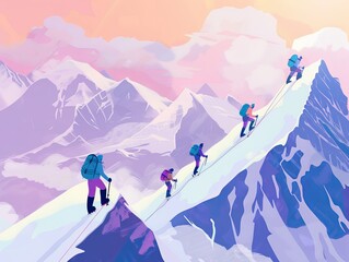 Fototapeta premium illustration of alpinists climbing a high snowy mountain 