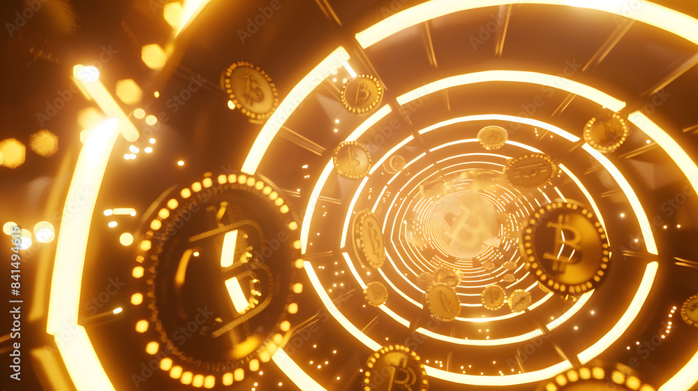 Poster 3d rendering of bitcoin symbols inside an abstract futuristic circular tunnel with golden light and 