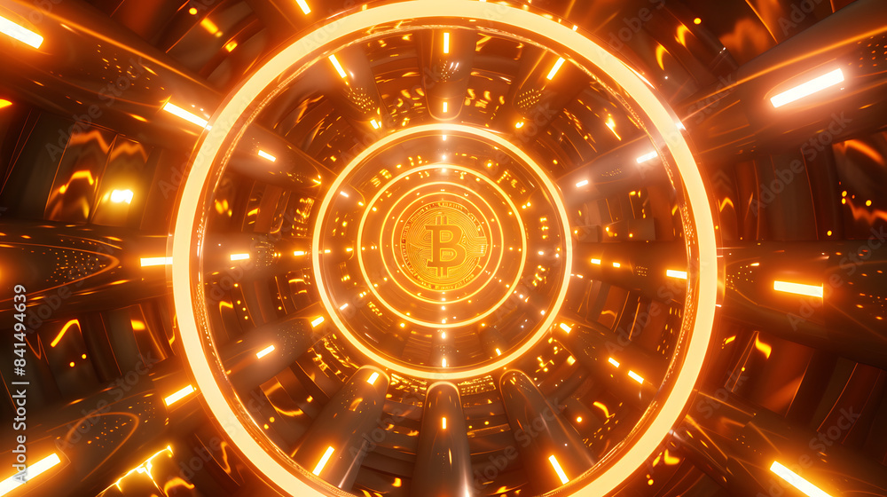 Poster 3d rendering of bitcoin symbols inside an abstract futuristic circular tunnel with golden light and 