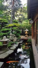 Serene Japanese Garden with Koi Pond and Stone Lanterns