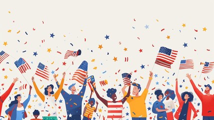 Obraz premium flat style illustration of people celebrating the 4th of july with USA flags