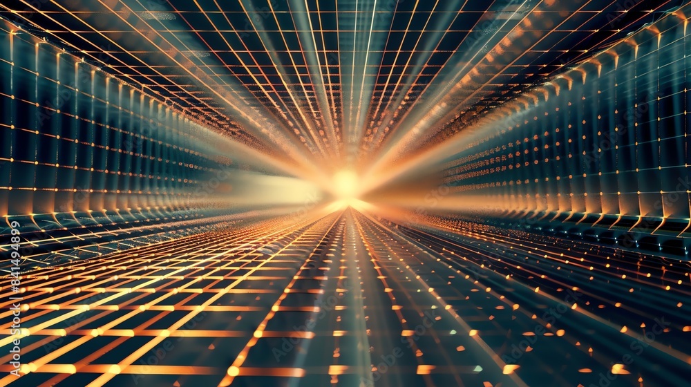 Poster 3d rendering of a futuristic tunnel with glowing orange light at the end.