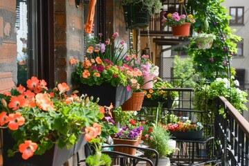 Lush Balcony Garden with Vibrant Flowers in Bloom on a Sunny Day