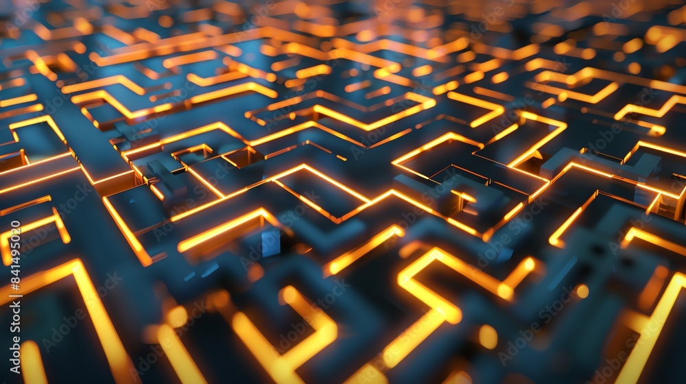 Poster 3d rendering of a maze-like structure with glowing orange lines. the structure is dark blue and has 
