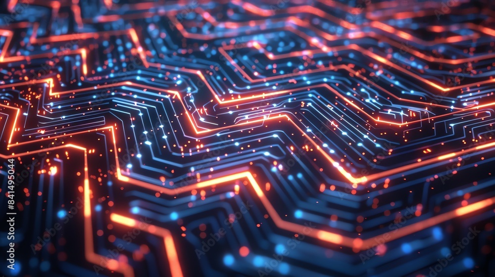 Aufkleber 3d rendering of an abstract futuristic circuit board with glowing orange and blue lines.