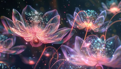 Glowing, ethereal flowers with iridescent petals and sparkling lights against a dark background.