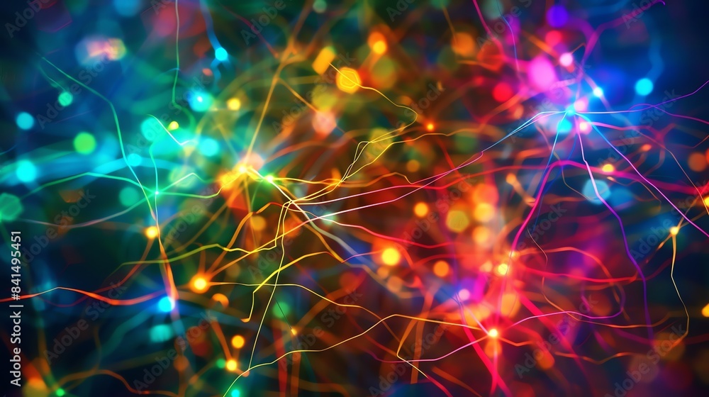 Poster glowing neurons in a neural network. abstract illustration of a neural network with colorful glowing