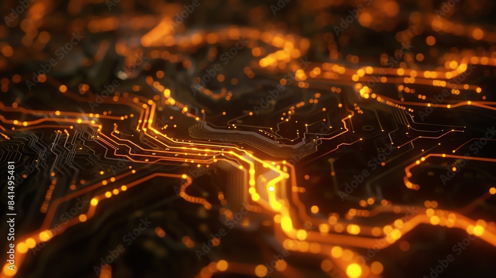 Poster glowing orange circuit board with glowing dots and lines representing data flow. technology backgrou