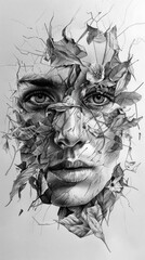 Surreal Female Portrait with Leaves and Flowers Emerging from Cracked Surface