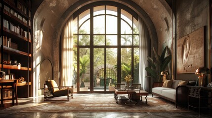 Fototapeta premium A captivating room highlighted by a grand arched window, illuminating the space with warmth and charm. Inspiring for architectural enthusiasts.