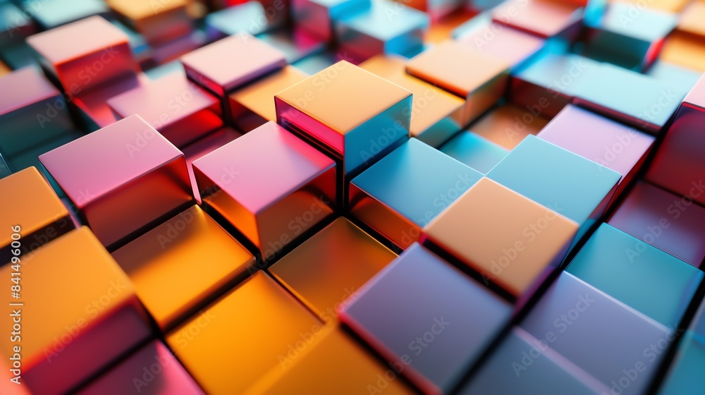 Poster colorful 3d rendering of a surface made of glossy cubes. the cubes are arranged in a staggered patte