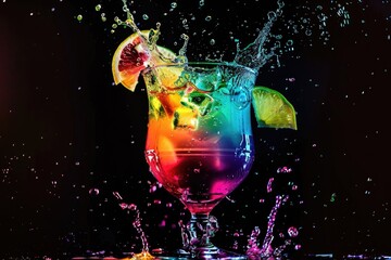 Vibrant Rainbow Cocktail with Dynamic Splash on Colorful Background