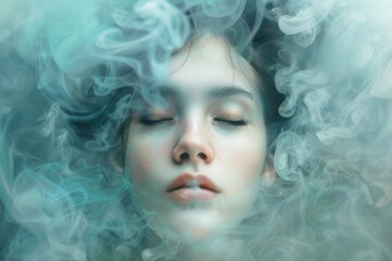 Serene Woman with Closed Eyes in Mystical Smoke