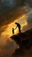 Father and Child at Cliff's Edge Against Dramatic Sunset Sky