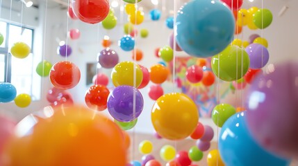 Colorful balloons of different sizes hang from the ceiling.