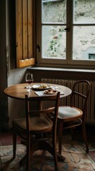 Cozy Rustic Dining Scene with Natural Light and Traditional Table Setting in Inviting Home