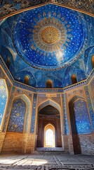 Obraz premium Intricate Blue Mosaic Ceiling of Historic Mosque with Archways and Sunlit Entrance