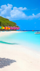 Naklejka premium a secluded beach on a colorful island, with crystal-clear turquoise water and white sands