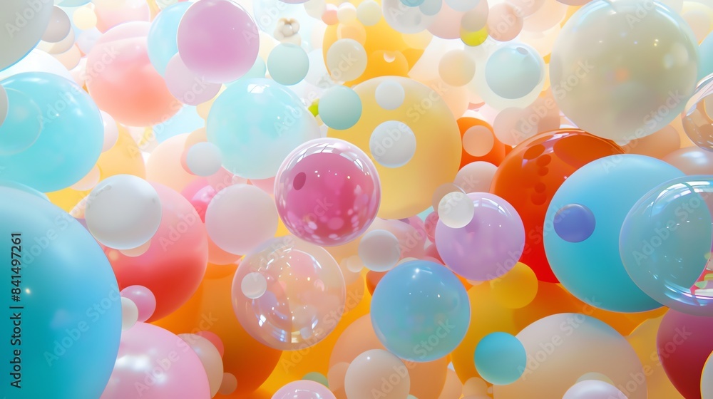 Poster a 3d rendering of a large number of variously-colored balls floating in a gradient background.