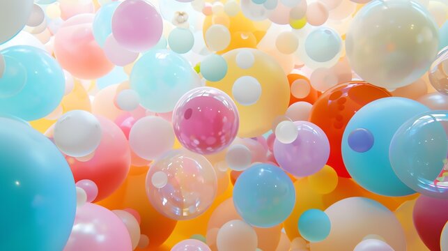 A 3D rendering of a large number of variously-colored balls floating in a gradient background.