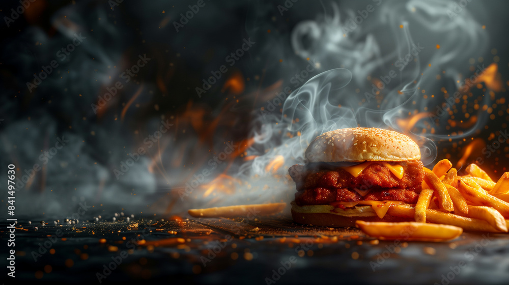 Wall mural Wallpaper with smoke, kebab, chicken nuggets, and french fries, realistic, black background