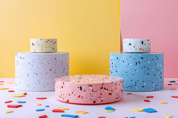Colorful Terrazzo Podium Set Against Yellow and Pink Background with Confetti