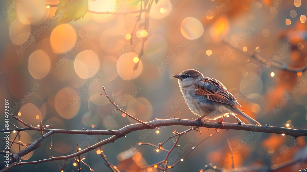 Poster a bird perched on a branch with a vibrant big bokeh in the background. shallow depth of field. beaut