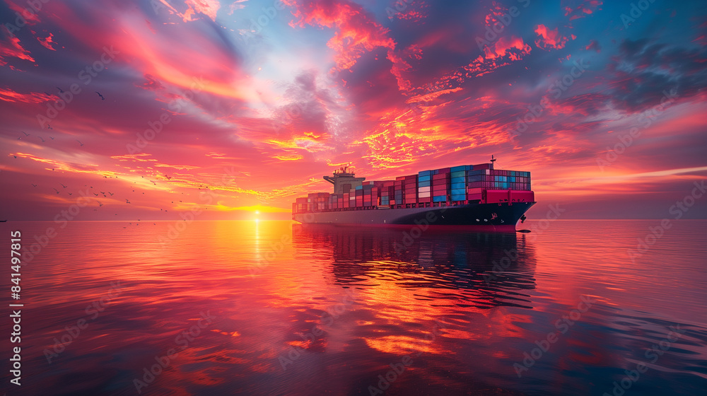 Wall mural large modern ocean container ship at sea with multicolored containers at sunset - Wall murals