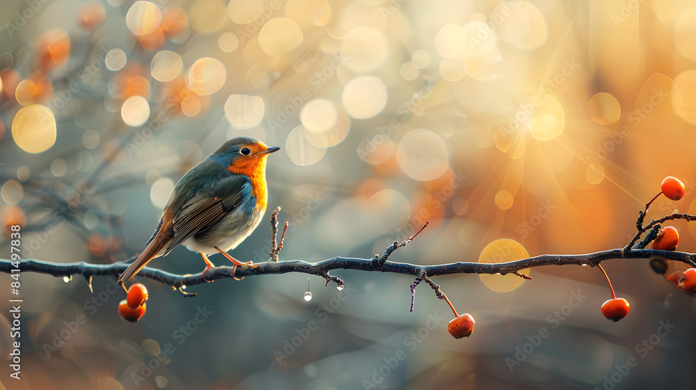 Poster a bird perched on a branch with a vibrant big bokeh in the background. shallow depth of field. beaut