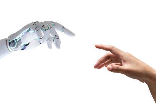 PNG robot touching human finger, transparent background