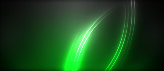 Neon glowing circle rays, light round lines in the dark, planet style neon wave lines. Energetic electric concept design for wallpaper, banner, background
