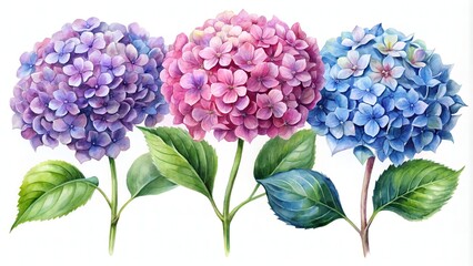 Fototapeta premium Set Of Watercolor Hand Drawn Hydrangea Flowers. Pink, Blue And Purple. Isolated On White Background.