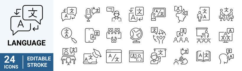 Language web line icon. Containing communication, translate, speech, non-verbal, writing, speaking, dictionary, text, language skills and vocabulary.