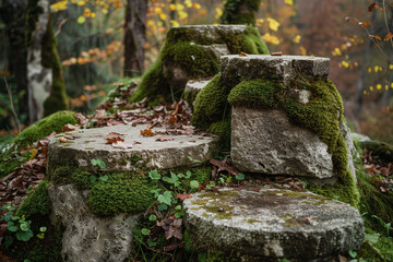 Moss-Covered Stone Podium in a Forest Setting with Autumn Leaves