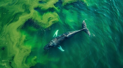 Fototapeta premium A whale gracefully glides through the ocean surrounded by a sea of vibrant green and blue. The majestic creature swims through a natural masterpiece created by extraordinary phytoplankton