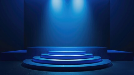 Fototapeta premium Blue dramatic lighting accentuates an empty podium, perfect for presenting products with a powerful visual impact.