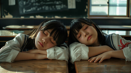 Japanese female students asleep on school benches, wearing school uniforms, calm classroom atmosphere with sunlight coming in through the window, Ai Generated Images