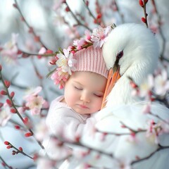 Sleeping newborn baby and white stork in the beak