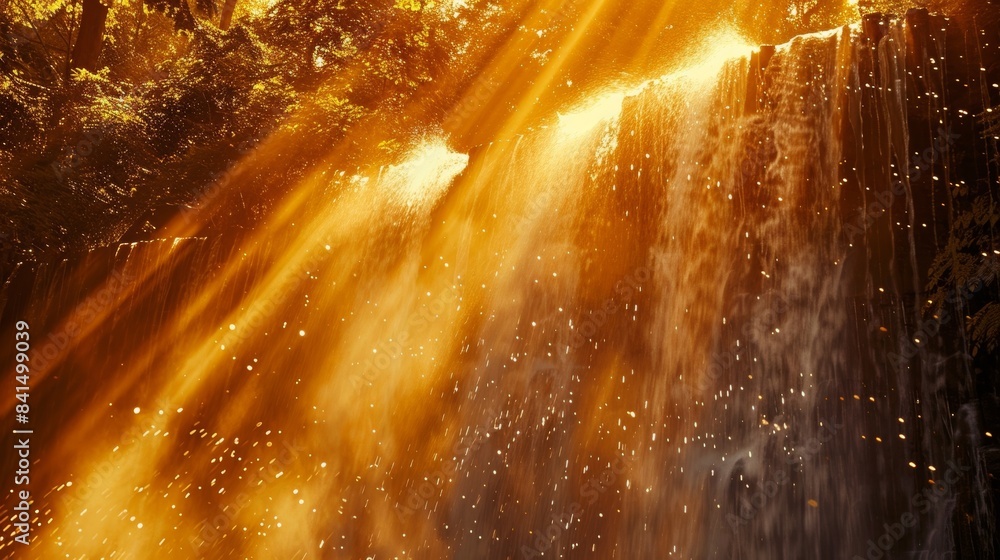 Poster sunbeams dancing on the surface of a waterfall creating a mesmerizing fiery display.