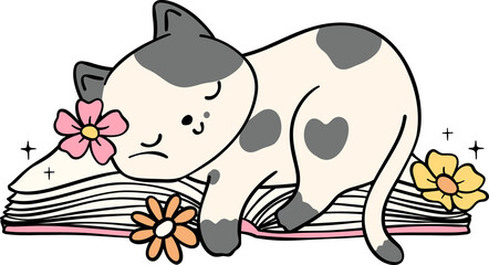 Retro Groovy book and cat funky doodle drawing