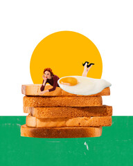 Elegant woman lying on stack of toast, covering herself with egg like blanket. Relaxing dinner....